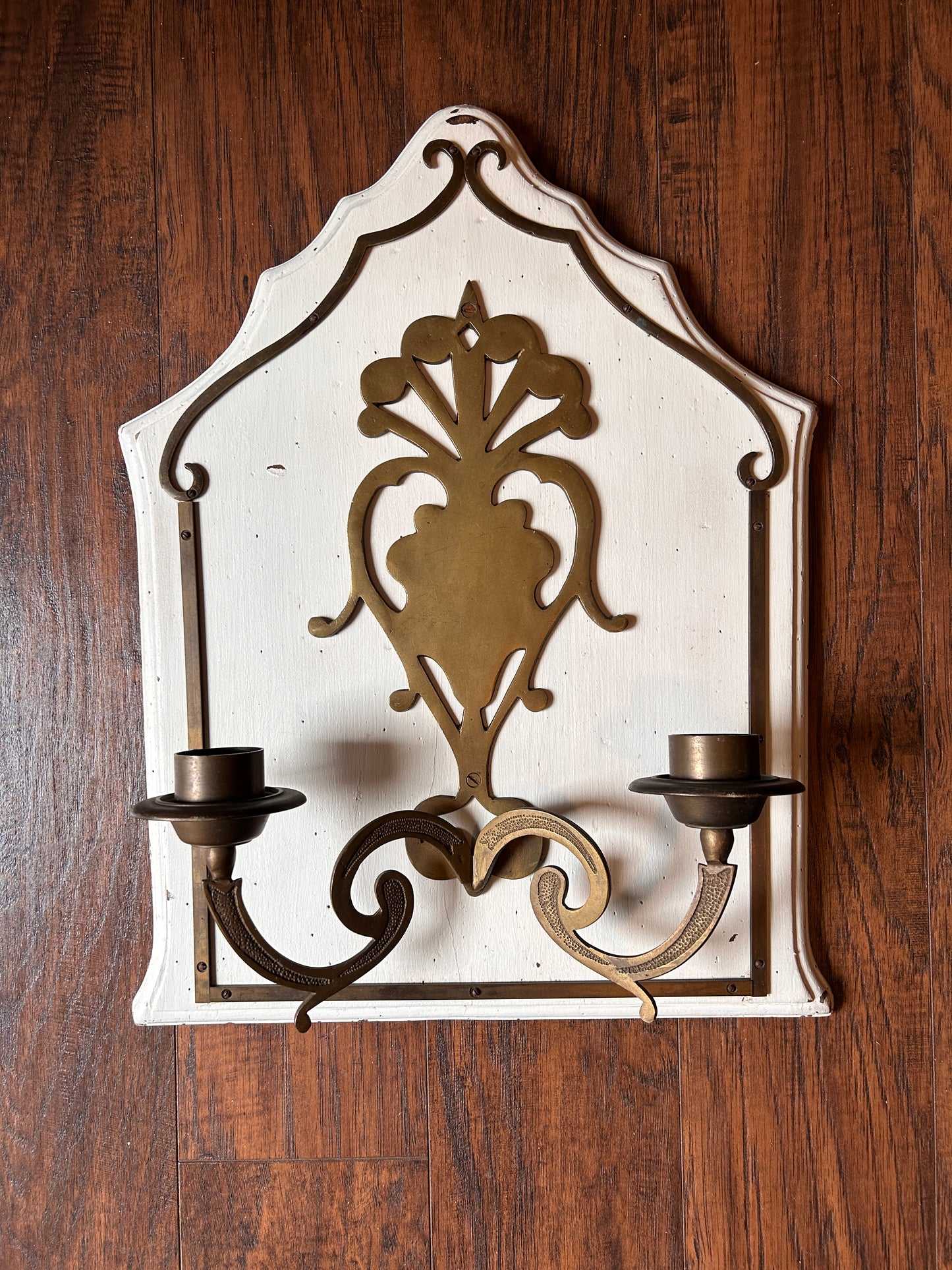 White Wood Brass 2 Candle Wall Sconce