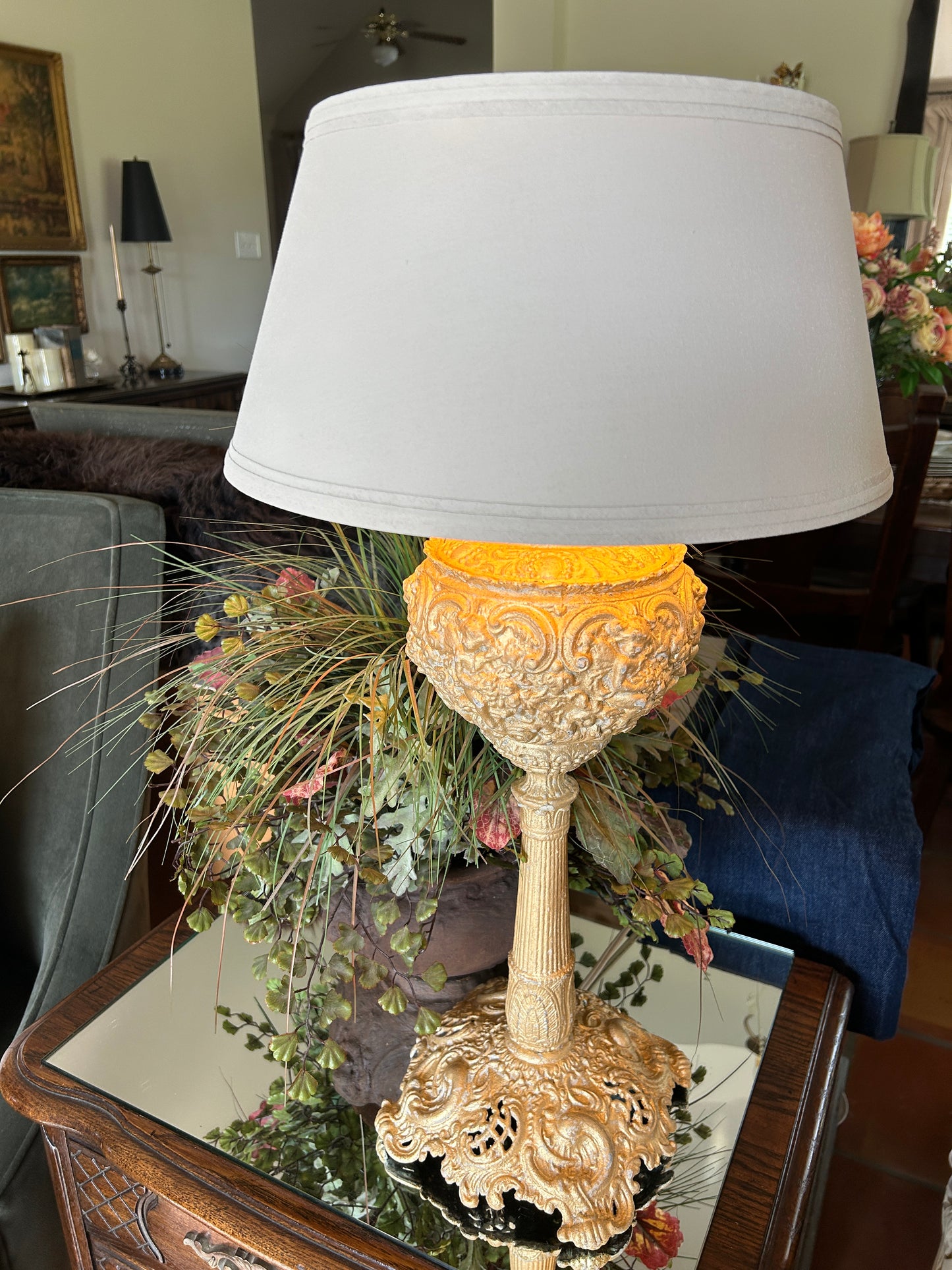 Matte Gold Ornate Lamp with Shade