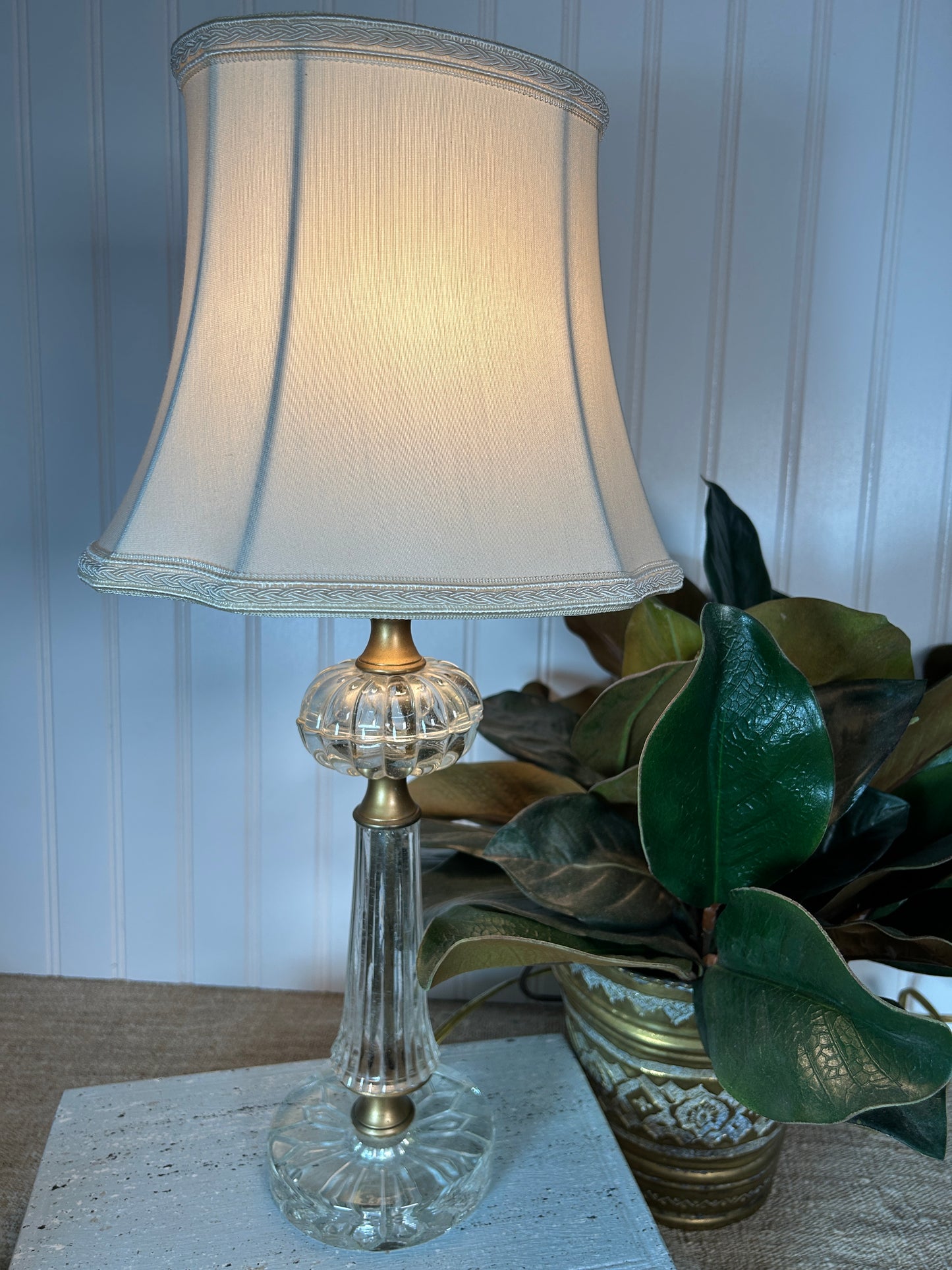 Vintage Glass and Gold Lamp with Shade