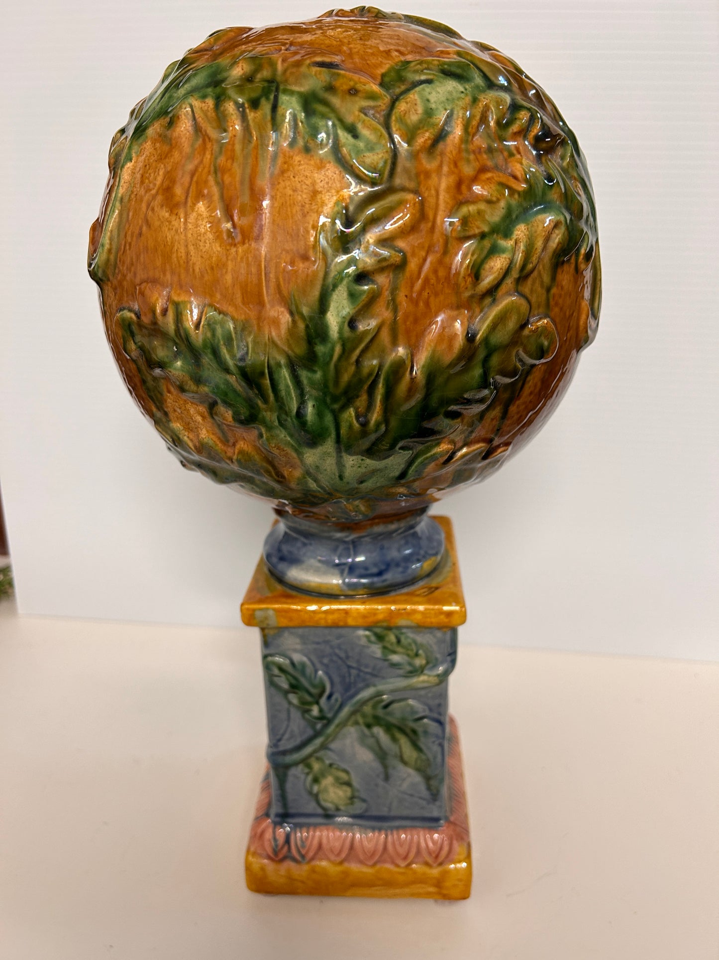 Majolica Pottery Pedestal Orb