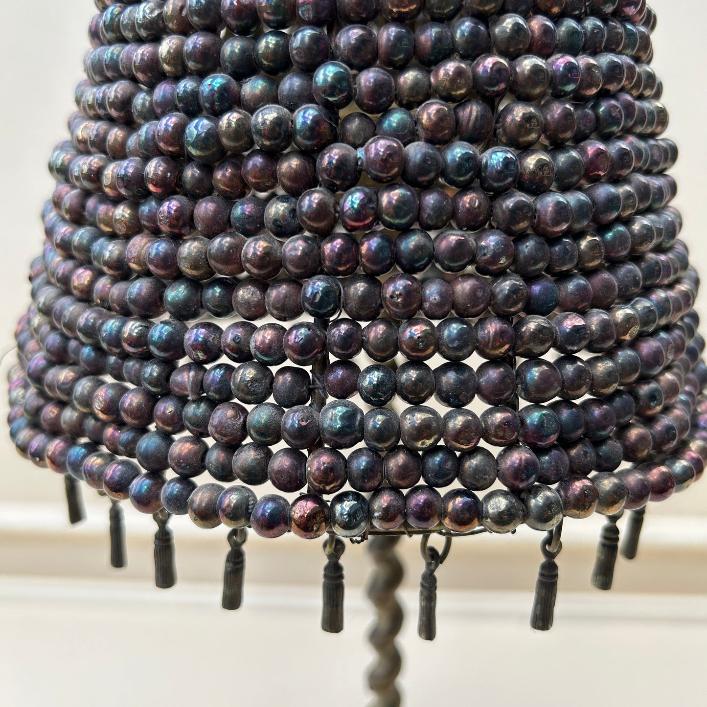 Brass Candlestick Lamp with Glass Bead Shade