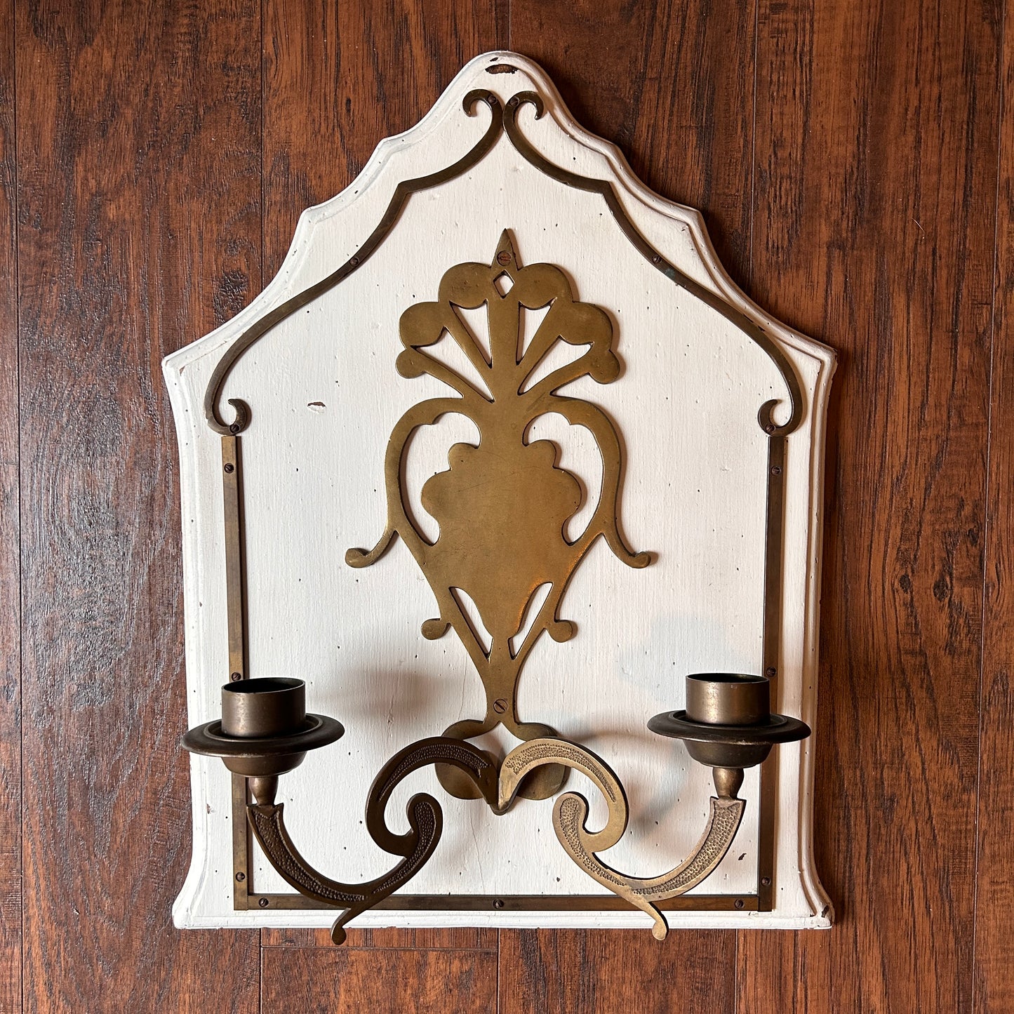 White Wood Brass 2 Candle Wall Sconce