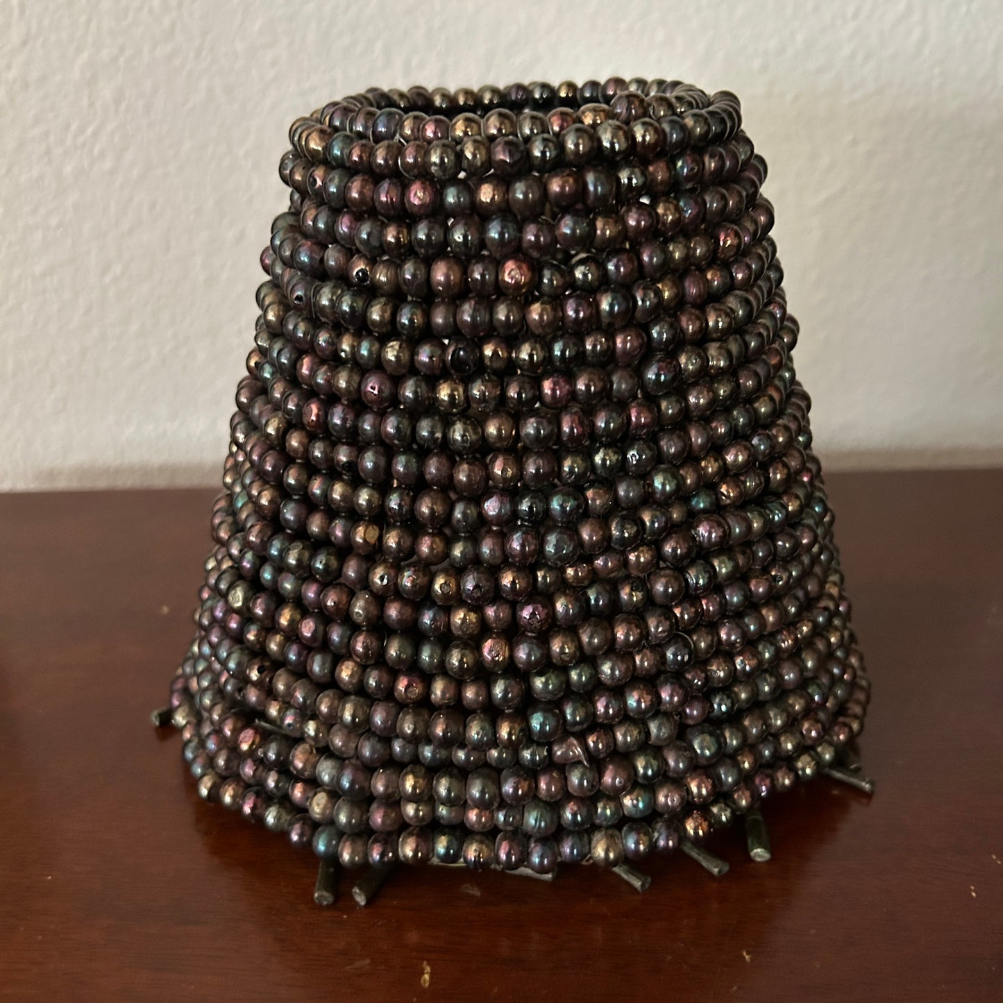 Brass Candlestick Lamp with Glass Bead Shade