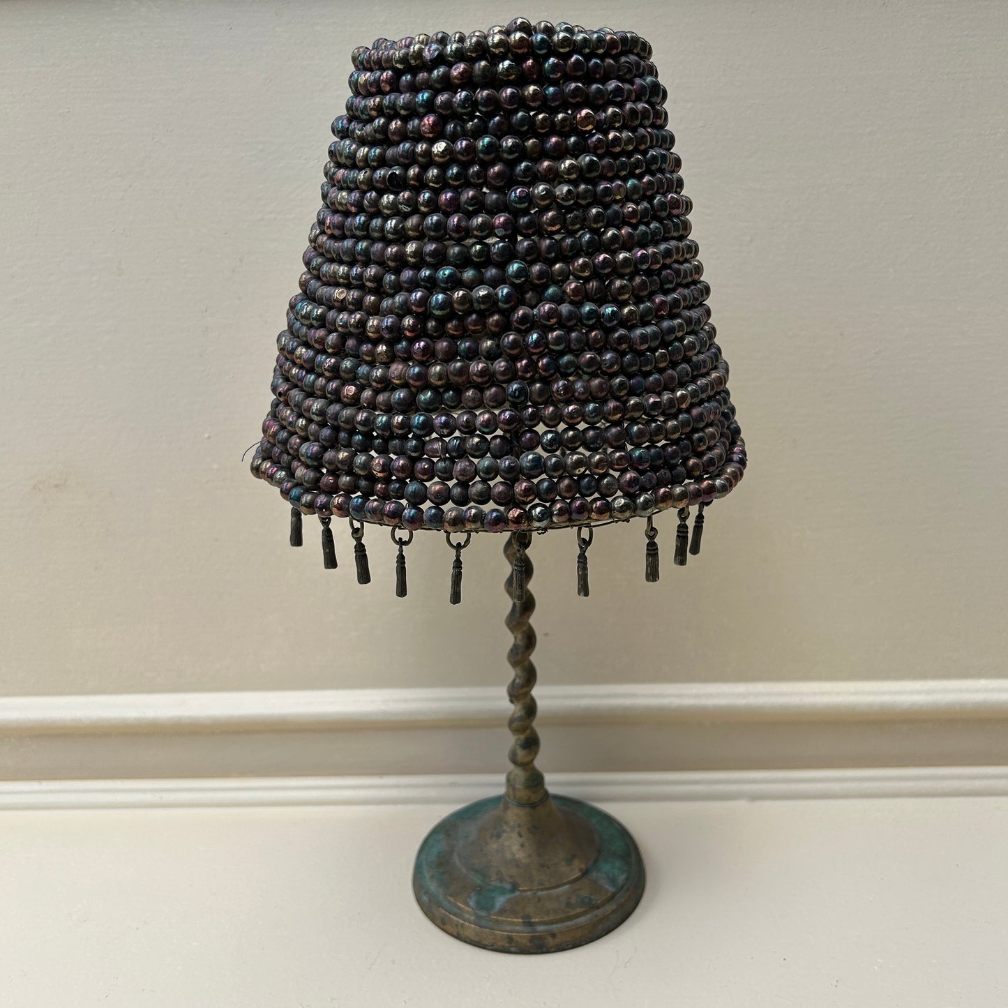 Brass Candlestick Lamp with Glass Bead Shade