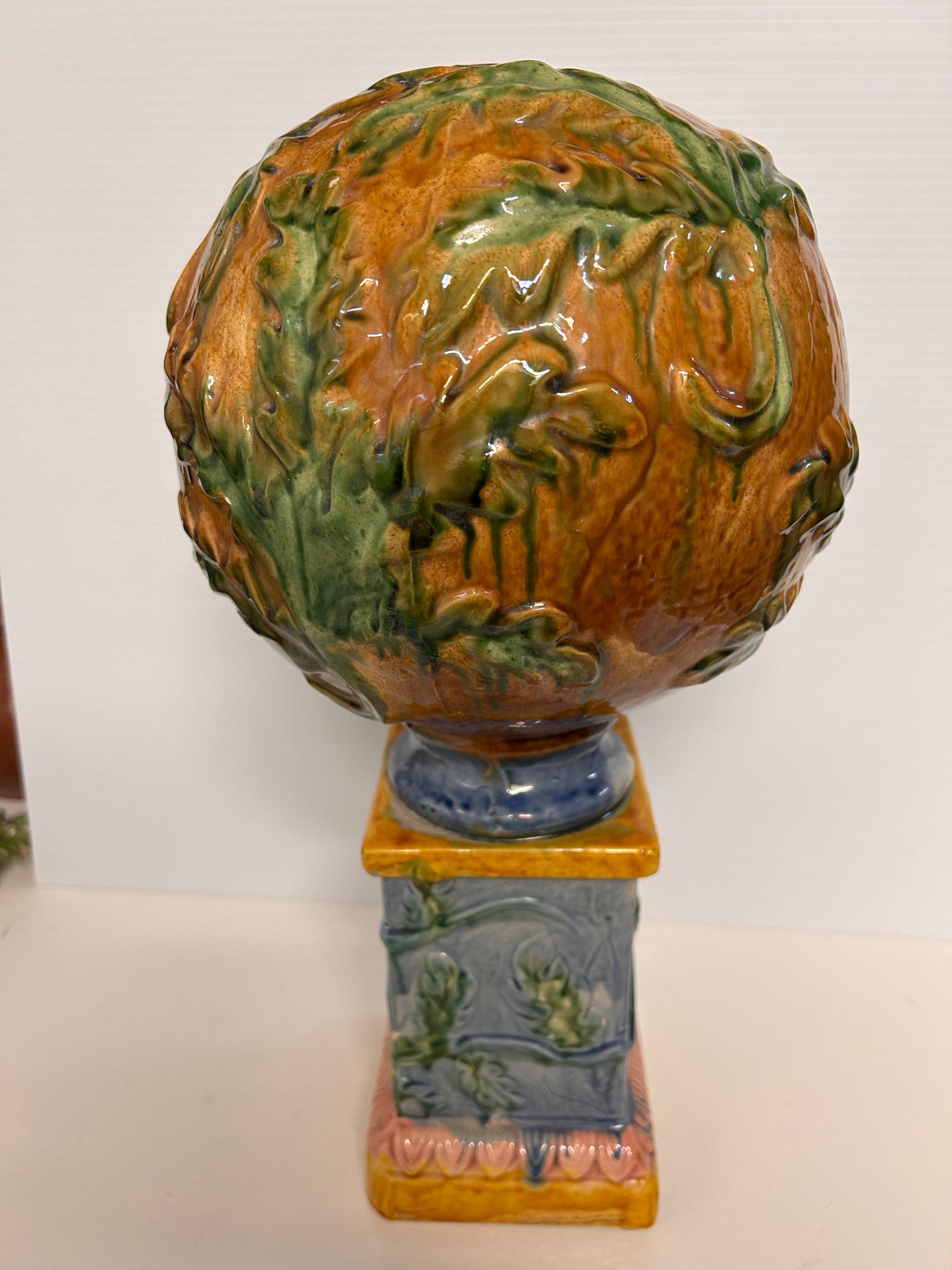 Majolica Pottery Pedestal Orb