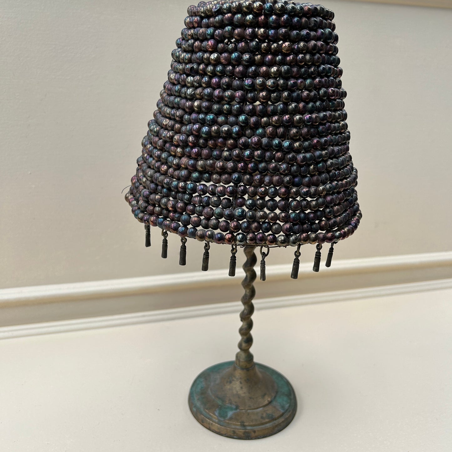 Brass Candlestick Lamp with Glass Bead Shade