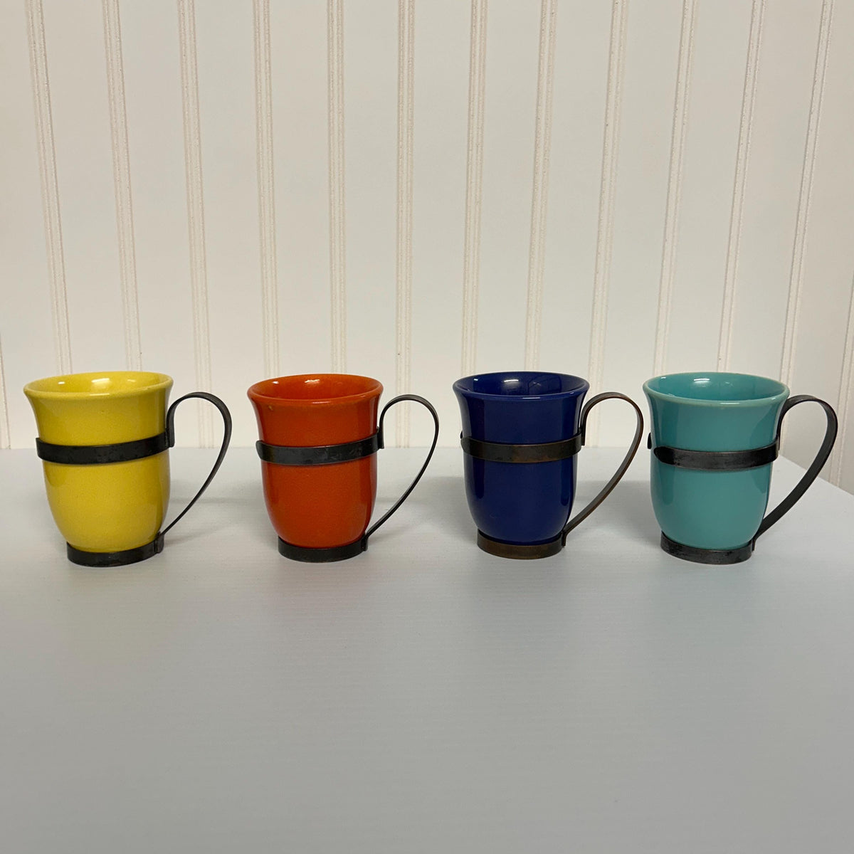Set of 1940 Franciscan Gladding McBean El Patio Mugs with copper holders