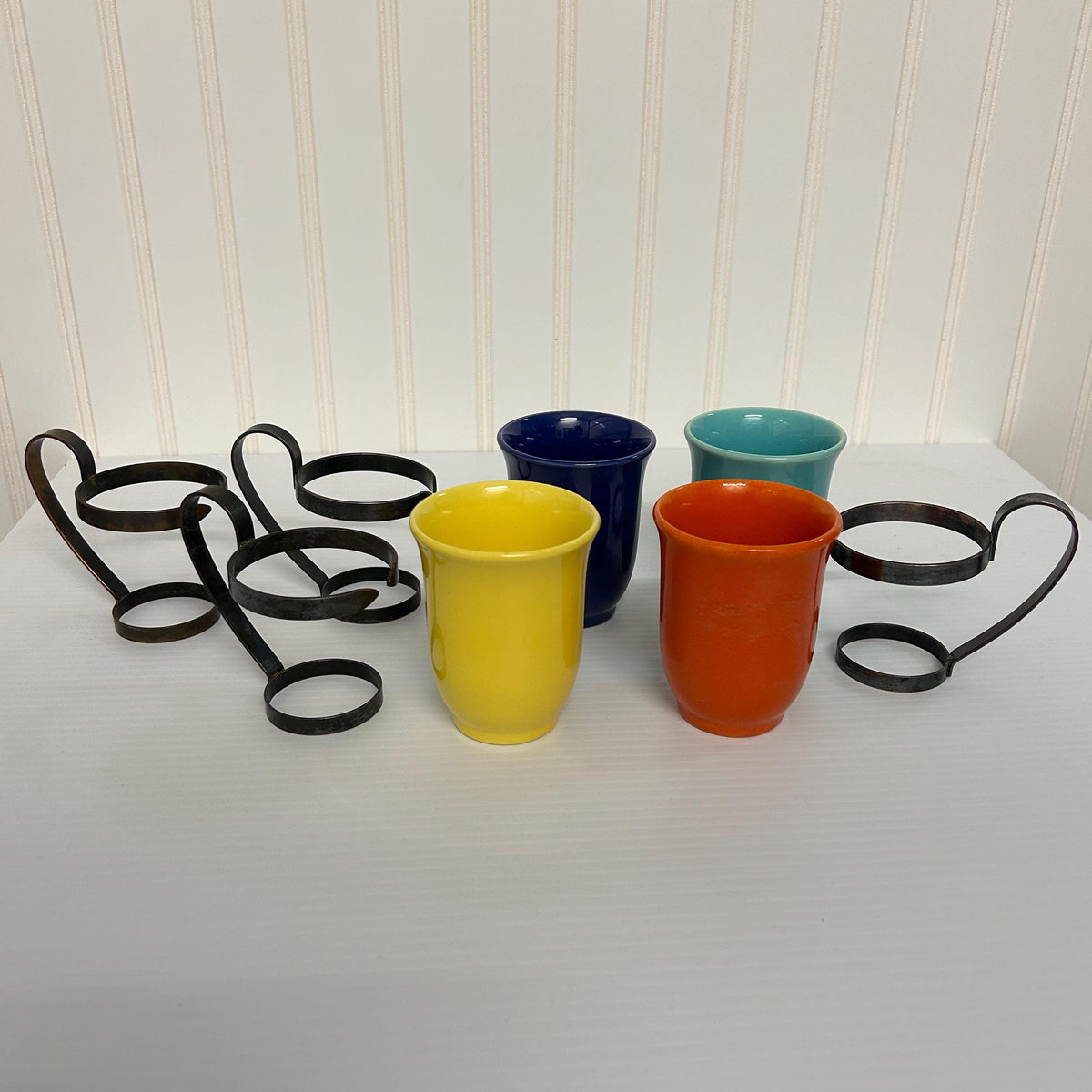 Set of 1940 Franciscan Gladding McBean El Patio Mugs with copper holders