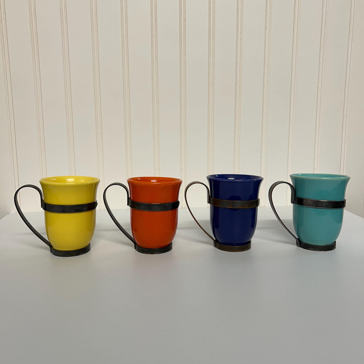 Set of 1940 Franciscan Gladding McBean El Patio Mugs with copper holders