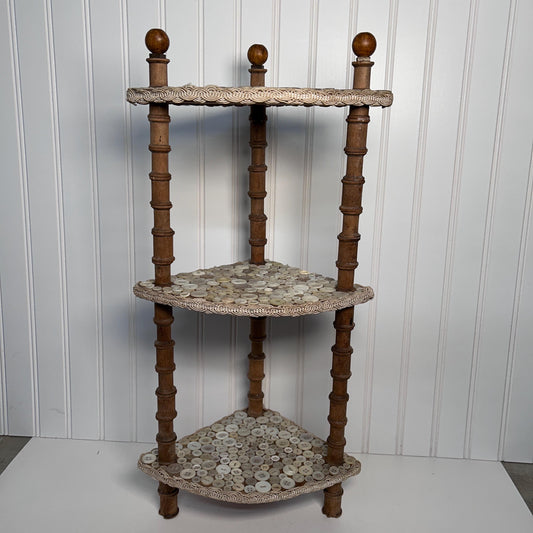 Darling Vintage Neutral Button and Spool Wood Corner Shelf