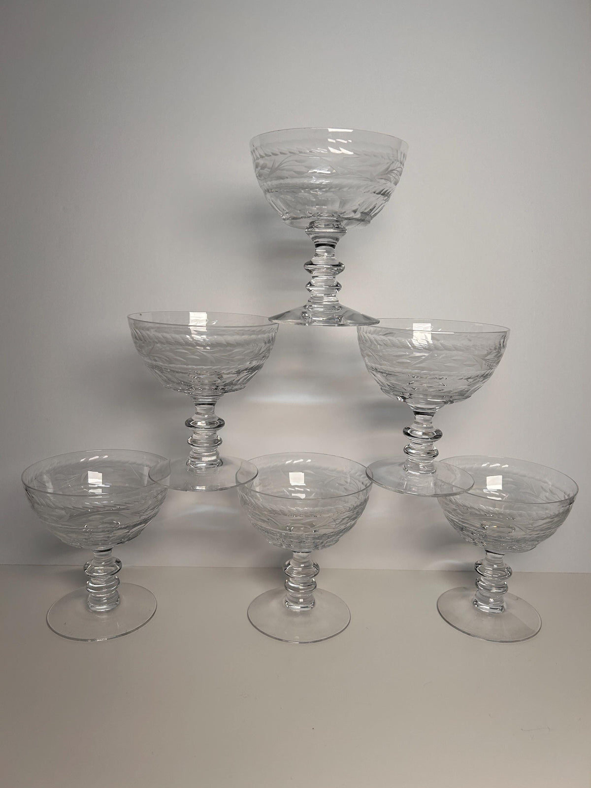 Fostoria Champagne Coupes, Etched Glass Sherbert Stems (Set of 6)