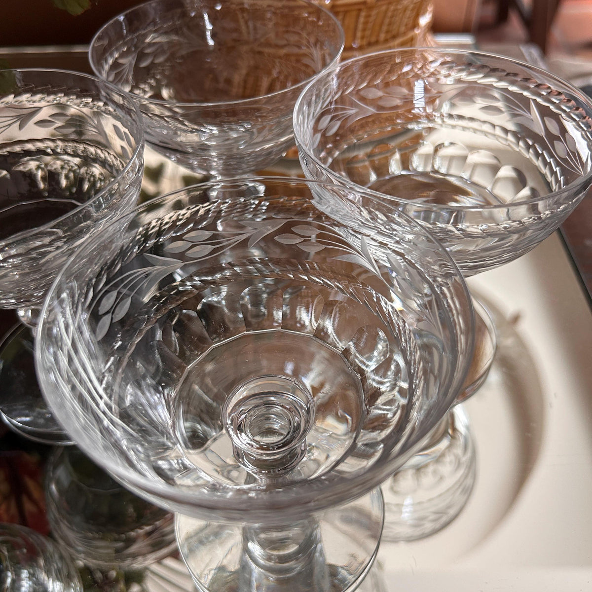 Fostoria Champagne Coupes, Etched Glass Sherbert Stems (Set of 6)