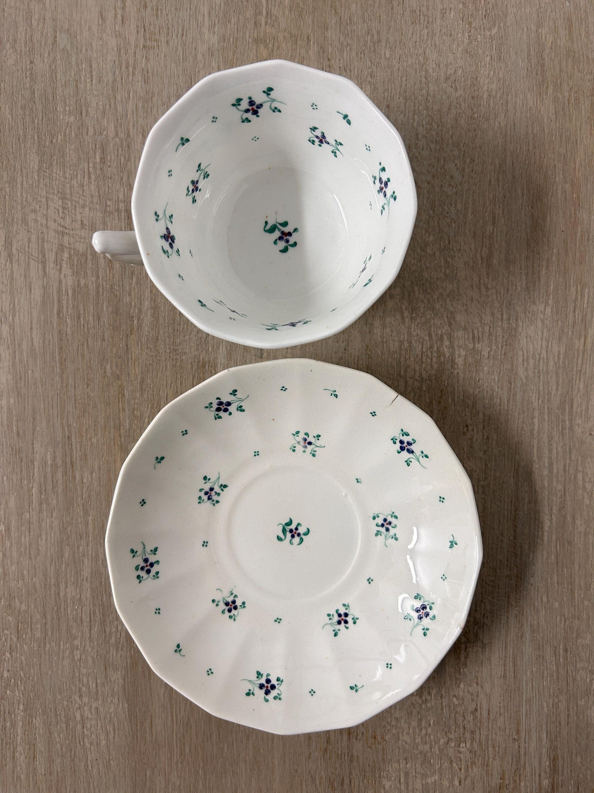 1800s Soft Paste Sprigware England Cups Plate and Saucers