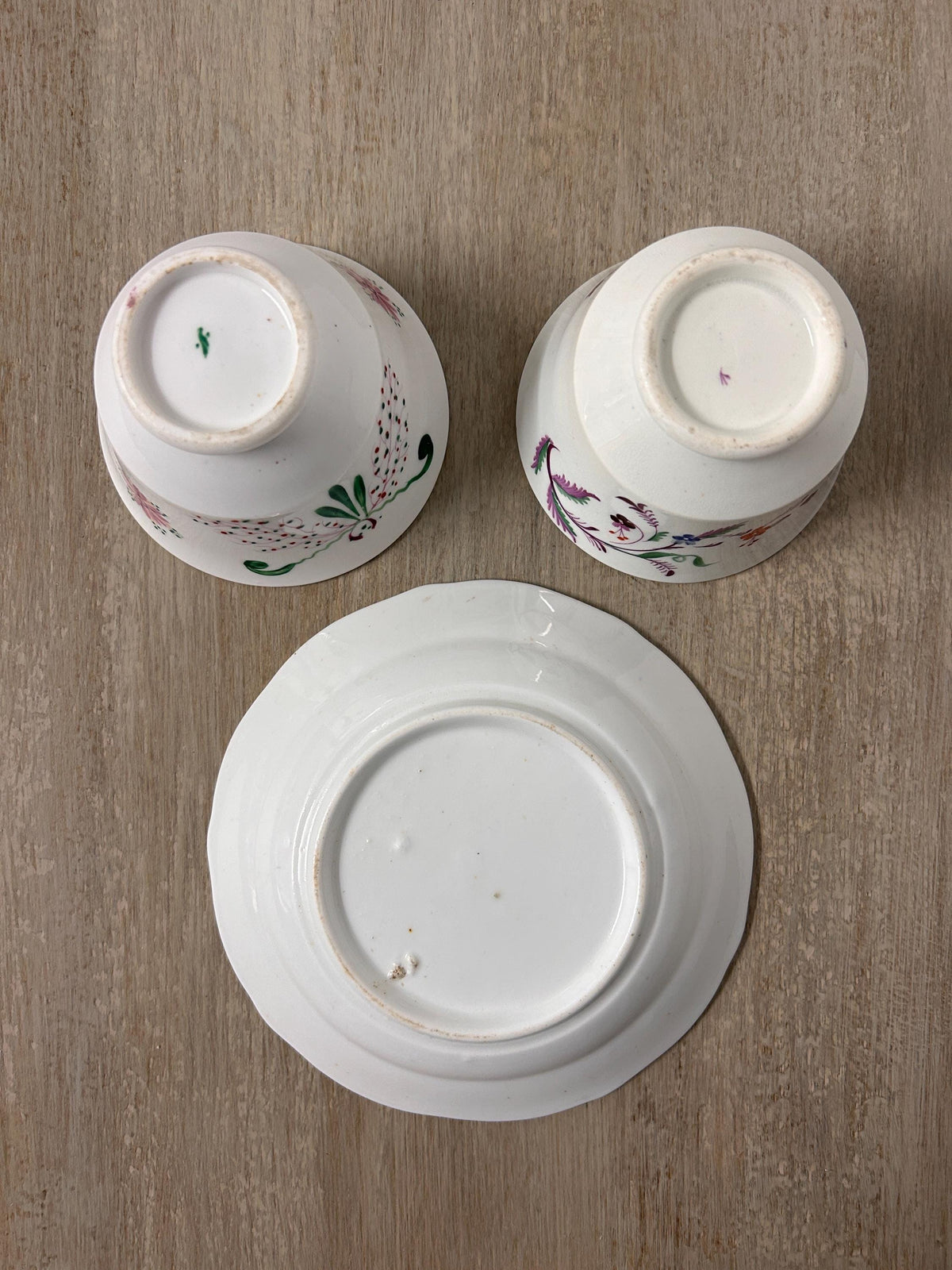 1800s Soft Paste Sprigware England Cups Plate and Saucers