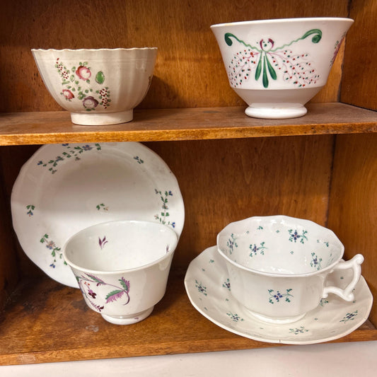 1800s Soft Paste Sprigware England Cups Plate and Saucers