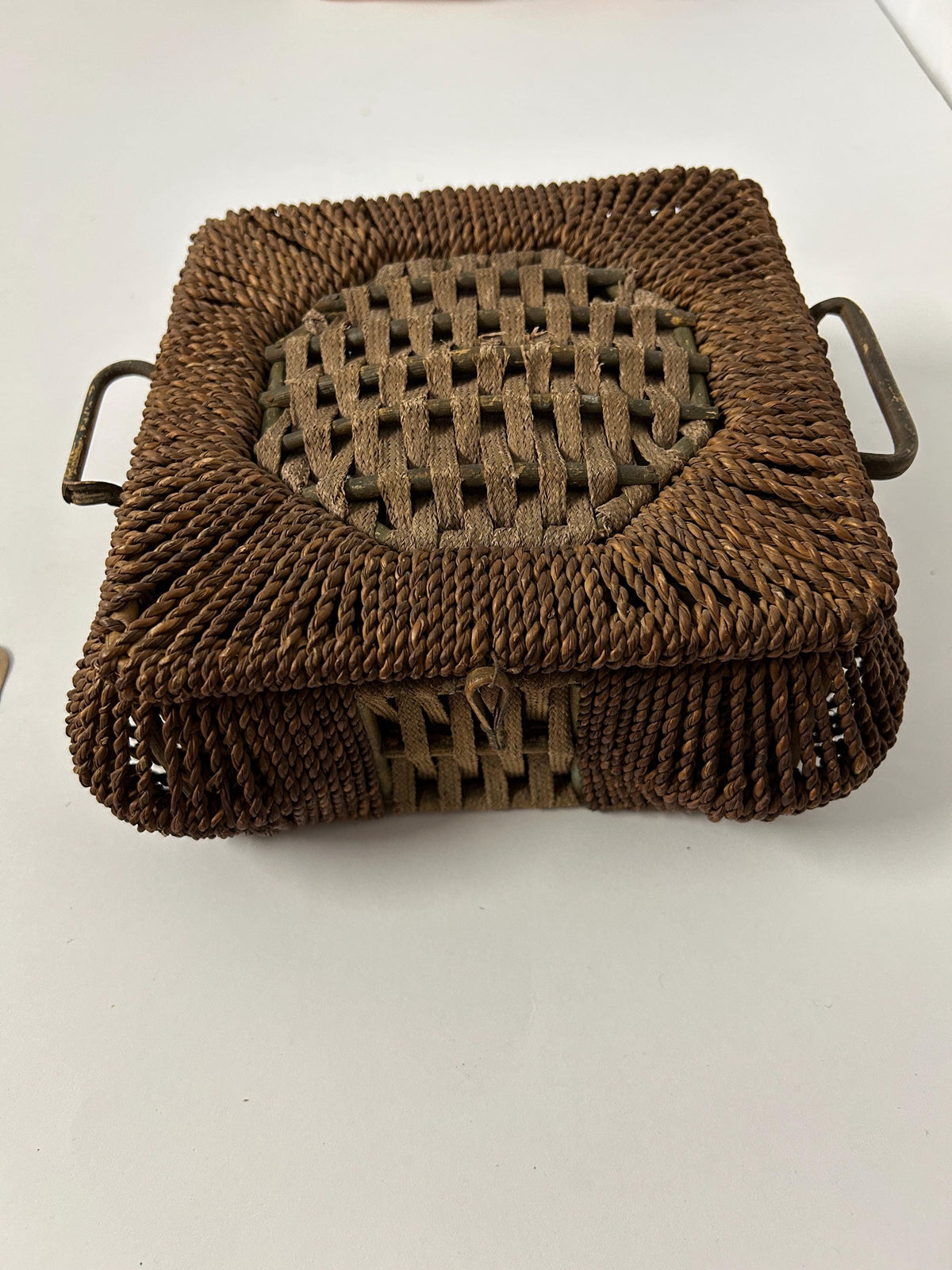 Antique Square Woven Sewing Basket
