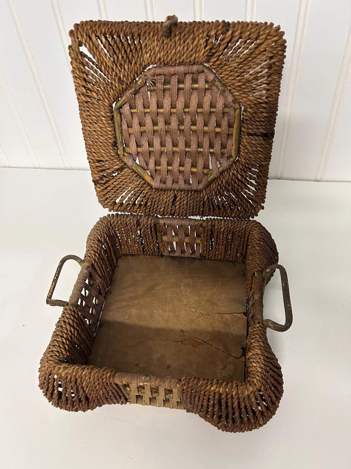 Antique Square Woven Sewing Basket