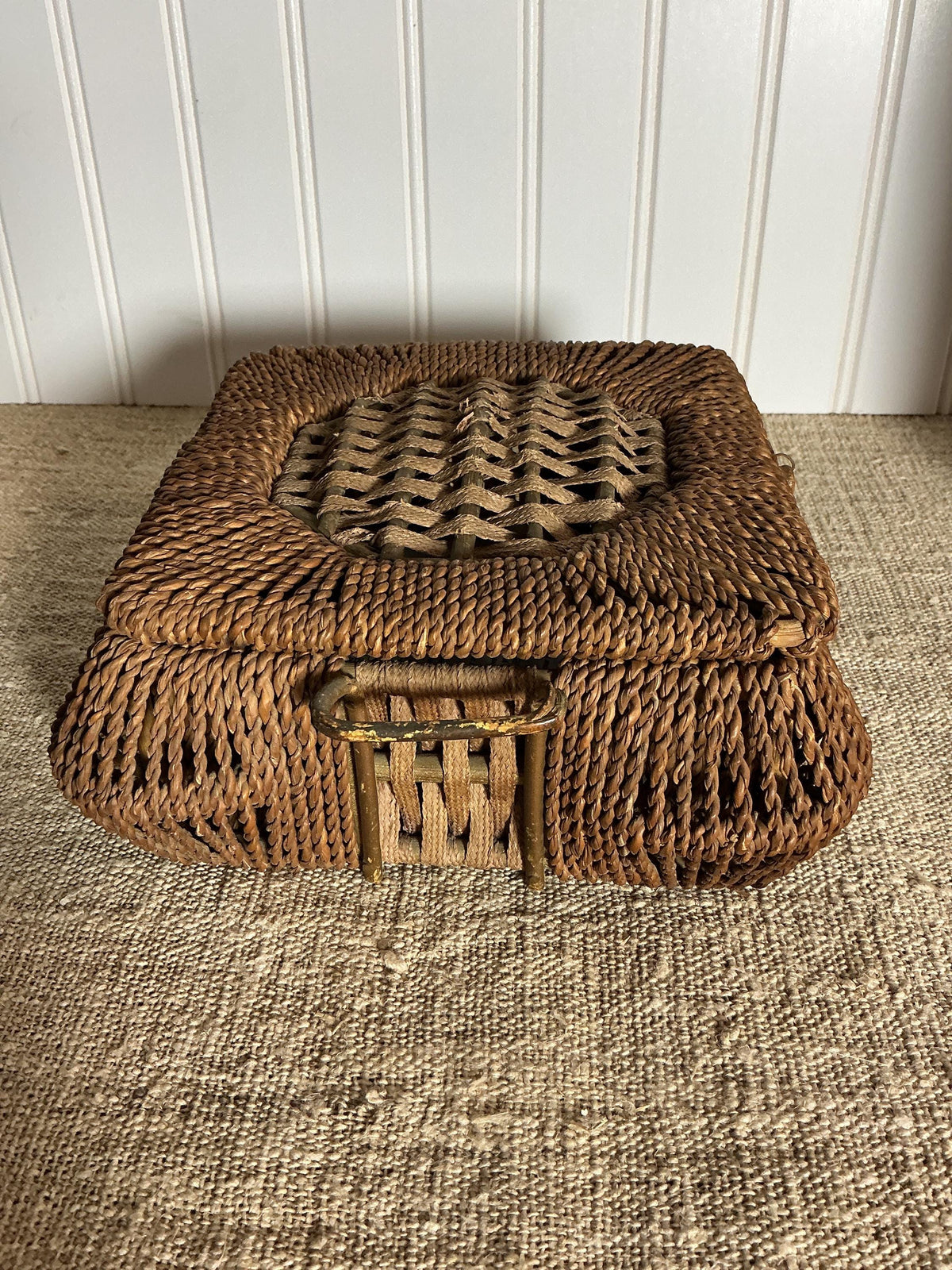 Antique Square Woven Sewing Basket