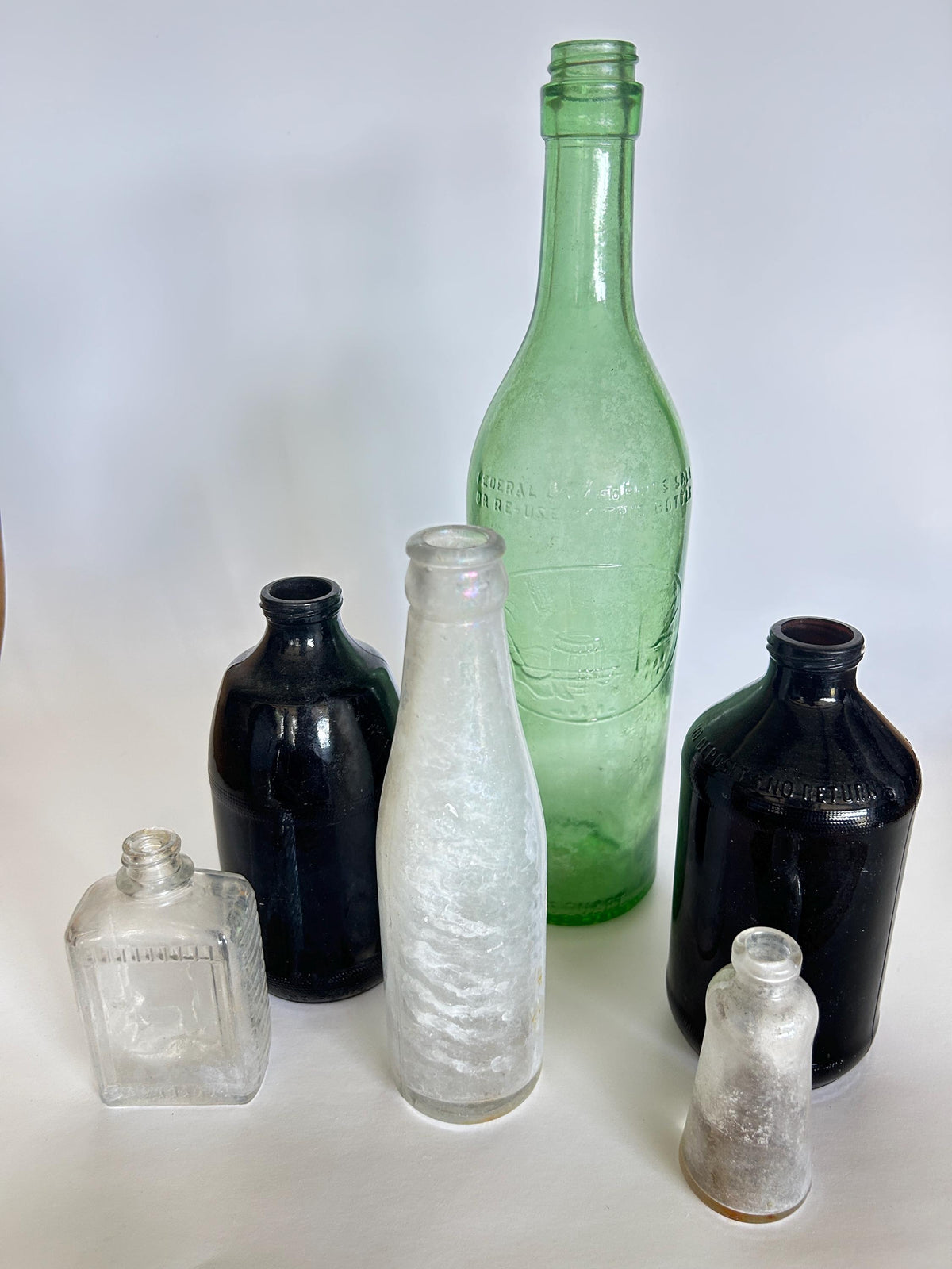 Vintage Bottles Rum Beer Soda Tonic Brown Green Clear
