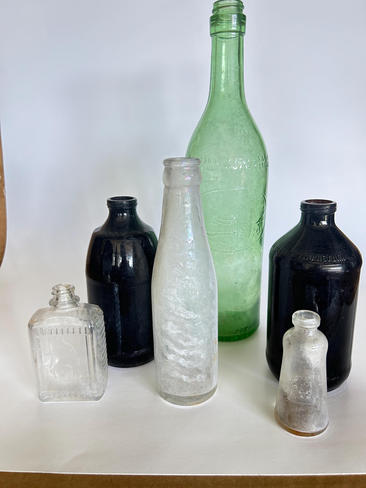 Vintage Bottles Rum Beer Soda Tonic Brown Green Clear