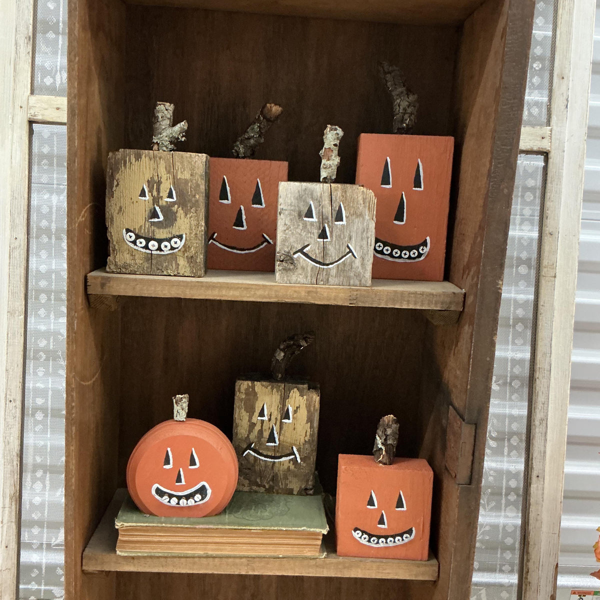 Darling Wood Block Hand painted Jack o Lantern Halloween Pumpkins