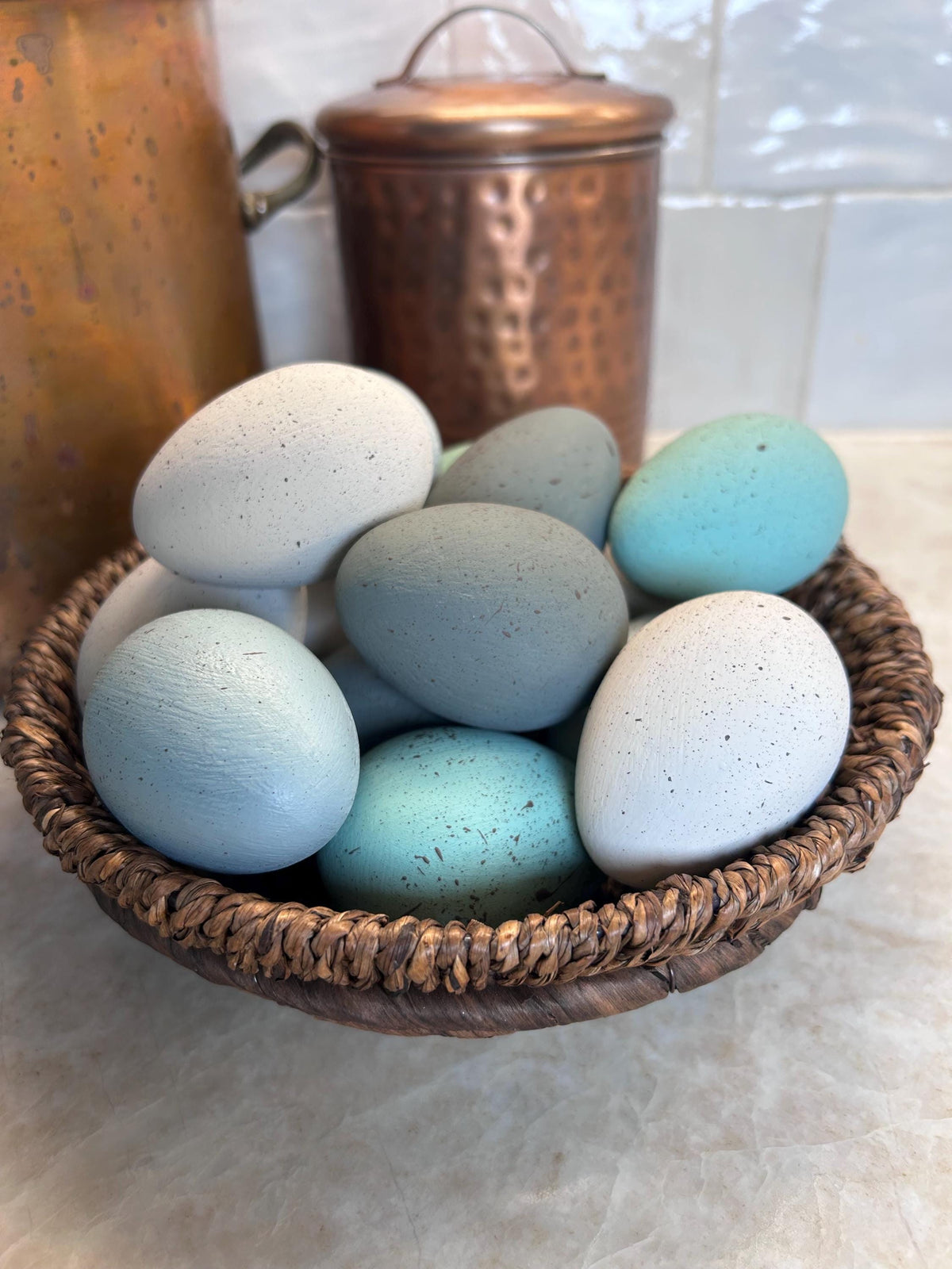 Set of Three Large Hand Painted Speckled Wooden Eggs